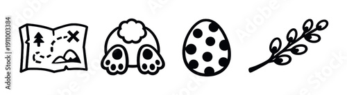 Easter icon set: map, bunny, egg, branch in minimalist style