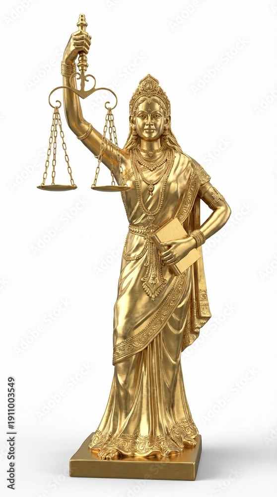 Obraz premium Indian Golden statue of a woman holding scales of justice and a book symbolizing law and fairness.