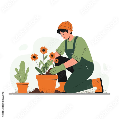 Gardener Planting Flowers In A Pot Enjoying Outdoor Activity