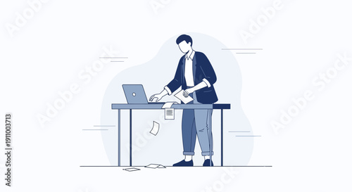 Focused Individual Working On Laptop At A Desk With Papers Floating