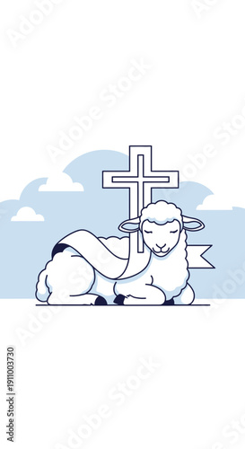 Gentle Lamb Resting Beside a Reverent Cross With Flowing Banner