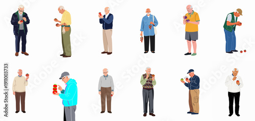 Collection of diverse senior men standing and examining fresh tomatoes, showcasing healthy eating, farming, and active retirement lifestyle.