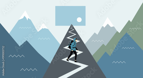 Geometric Mountain Landscape With Hiker Reaching For A Bright Horizon