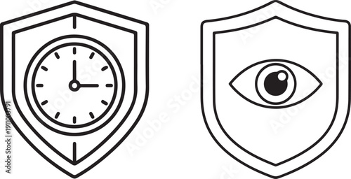 Shields with clock and eye icons on white background security protection