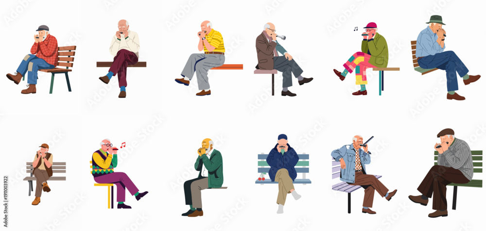 Fototapeta premium Collection of senior men playing harmonicas and small wind instruments while relaxing on park benches.
