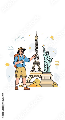 Global Adventure Tourist Exploring Iconic Landmarks Around The World