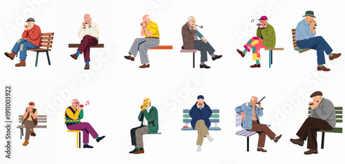 Collection of senior men playing harmonicas and small wind instruments while relaxing on park benches.