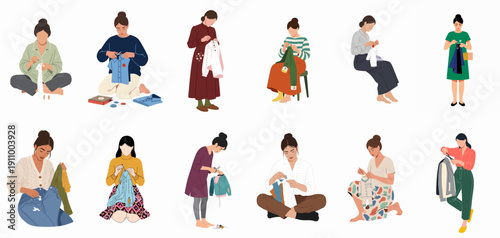 Women mending, repairing, and customizing clothes, promoting sustainable fashion, DIY alterations, and mindful consumption.