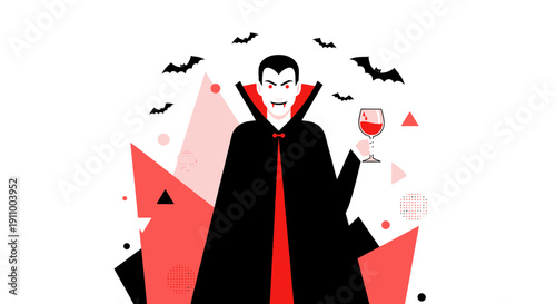 Gothic Vampire Holding Blood Wine With Bats Flying Overhead