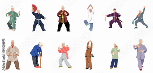Senior Asian Adults Practicing Tai Chi and Qigong: A Diverse Collection of Active Aging and Traditional Chinese Exercise Illustrations.