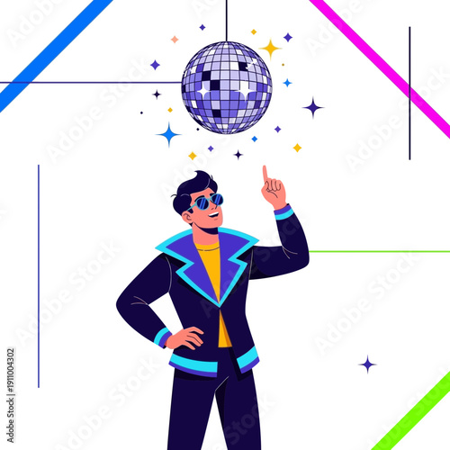 Groovy Dancer Under Disco Ball Party Vibes Retro Style Celebration