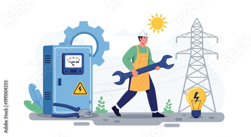 Illustration of a maintenance worker in a hard hat holding a large wrench near an electrical box, a pylon, and a lightbulb. Sunny background.