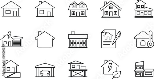 Minimalist House Line Icons Set for Real Estate, Architecture, Smart Home Technology, Sustainability, Property Management, and Modern Residential Construction Design.