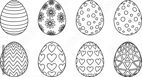 Collection of eight different easter eggs with unique patterns and designs for coloring or decoration purposes displayed on a clean white background.