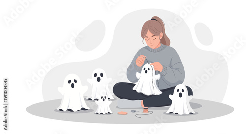 Handmade Halloween Ghost Decorations Being Crafted by Woman