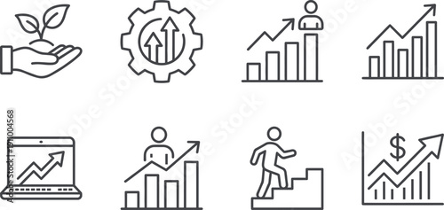 Linear vector icon set for business growth and financial success featuring rising bar graphs career progression motivational coaching and organic profit development for corporate branding