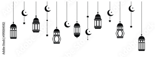 Ramadan Kareem and Eid al Fitr Lantern and Crescent Border Design with Islamic Art Style