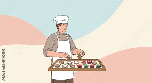 Happy Chef Arranging Delicious Baked Goods On A Tray