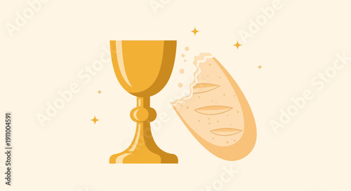 Golden Chalice And Bread Slice Symbolic Illustration Of Faith And Spiritual Communion