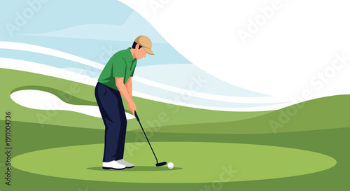 Golfer Focusing On Putt, Vector Illustration Depicting Sport Activities and Leisure