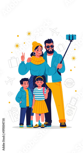 Happy Family Capturing Travel Memories With A Selfie Stick For Vacation