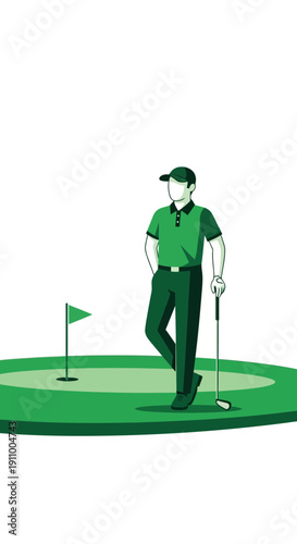 Golfer Contemplating The Green On A Sunny Day Minimalist Illustration