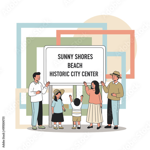 Happy Family Discovering Sunny Shores Beach Historic City Center
