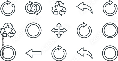 Linear vector icon set for interface navigation and recycling featuring circular refresh arrows universal recycle symbols directional pointers and movement control for website branding