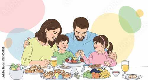 Happy Family Celebrating Easter Together With Delicious Food And Festive Decorations