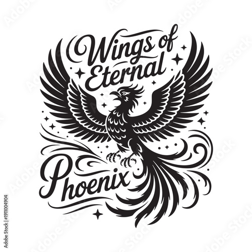 Elegant phoenix illustration with spread wings, surrounded by stars and decorative flourishes, featuring the text 'Wings of Eternal Phoenix'.