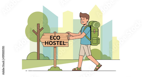 Happy Traveler Finds Eco Hostel Destination Walking Towards Nature Retreat Sign