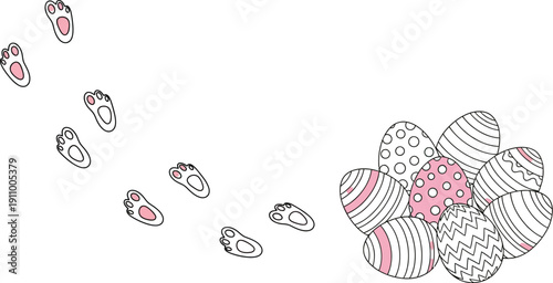 Easter egg hunt theme illustration with colorful eggs and bunny footprints leading to a hidden treasure on a clean white background perfect for kids party invitations.
