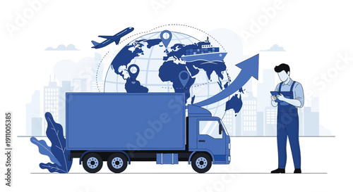 Illustration of logistics: A blue truck in the foreground, a globe with location pins, plane, and ship in the background. A person holds a clipboard.