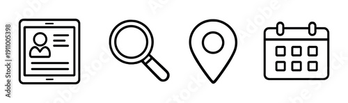 Icons of user profile, magnifying glass, location pin, and calendar on gray background