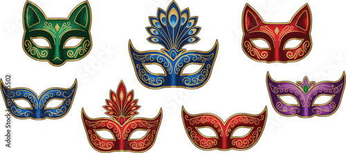 Set of Seven Ornate Masquerade Masks Vector Illustration Featuring Gold Filigree Details Cat Shapes and Elegant Peacock Feather Designs for Festivals