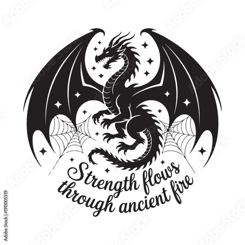 Mythical Dragon with Wings and Spiderwebs - Strength Flows Through Ancient Fire Vector Art