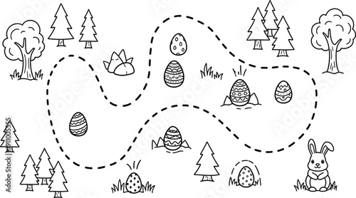 Fun easter egg hunt maze activity for kids with a cute bunny and trees in a forest setting for entertainment and education.