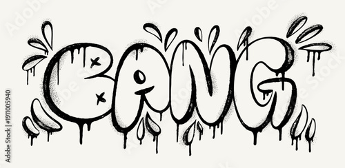 Spray painted graffiti BANG word with rough paint splatter and drip effects, isolated on a white background. Urban street art vector for posters, stickers, comics, apparel and edgy graphic design.