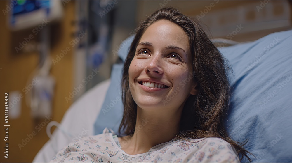 © Honey - A smiling woman lies in a hospital bed looking happy and relaxed © Honey - A smiling woman lies in a hospital bed looking happy and relaxed