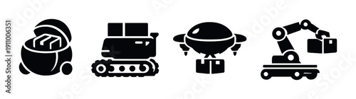 Silhouette icons of space rover, military tank, ufo, and robotic arm on gradient background