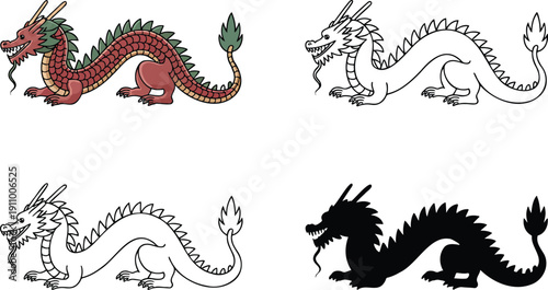 Chinese dragon silhouette & Outline and illustration set isolated on transparent background