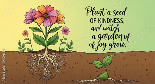 Vibrant flowers grow from soil with roots symbolizing kindness and joy in nature
