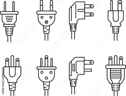 Electrical Power Plug Icon Set, Universal AC Outlet Connector Outlines, Electric Socket Wire Symbols, Global Electricity Voltage Hardware Graphics, Isolated,