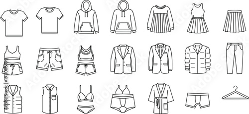 Fashion clothing icon set featuring shirts, hoodies, jackets, dresses, skirts, underwear, and apparel silhouettes for retail store vector design projects