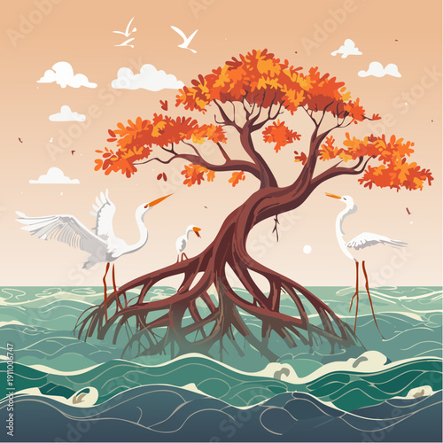 Vibrant mangrove tree with birds, a symbol of coastal resilience and natural beauty