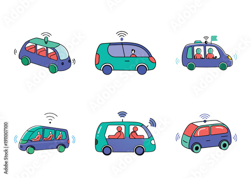 Illustration of various cartoon selfdriving shuttle vehicles with whimsical designs and bright colors