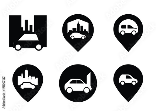 Set of car service location icons featuring city skyline motifs
