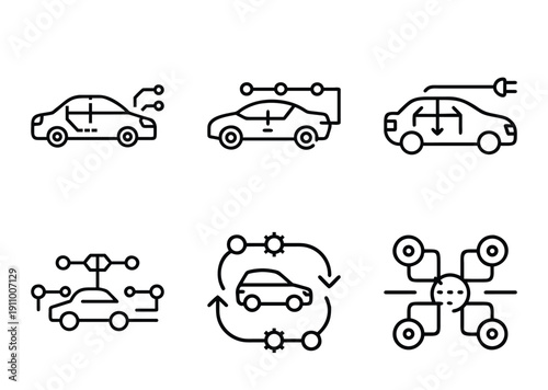 Set of icons representing electric vehicle technology and autonomous driving systems