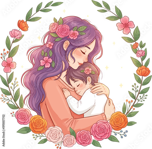 Tender moment of mother and child surrounded by floral wreath