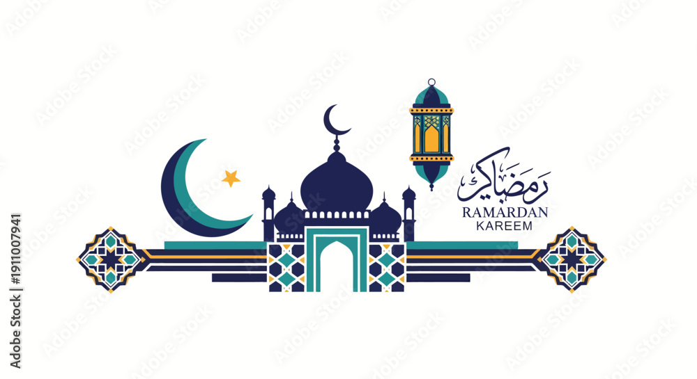 Fototapeta premium Ramadan Kareem illustration with mosque, crescent moon, star, and lantern